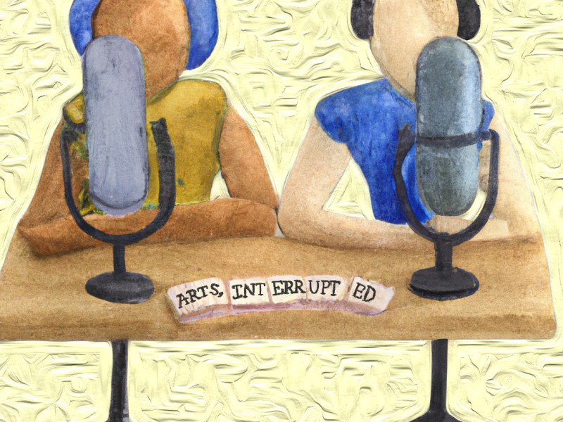 Arts Interrupted Cover Photo: AI generated art of two people sitting at a table with microphones in front of them.