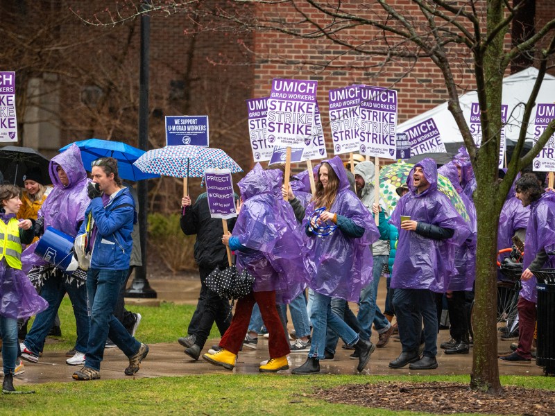 A group of people in purple ponchos walk through campus carrying signs and umbrellas.