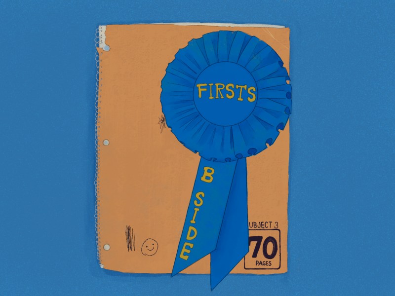 Illustration of the cover of a spiral notebook with a blue first-place ribbon laying on top of it. The ribbon reads “Firsts B Side”.
