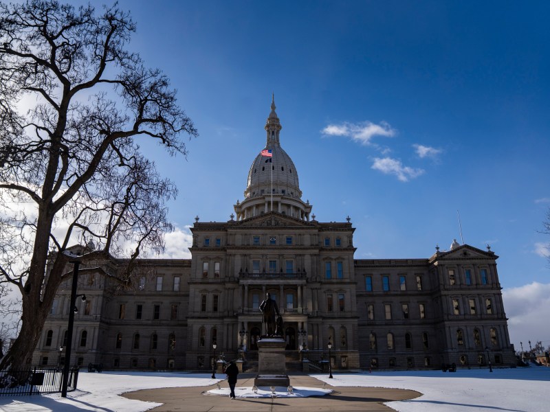 The capital building is offset by a blue sky and there is snow on the ground and a bare tree to the side with a person walking around the statue in the front.