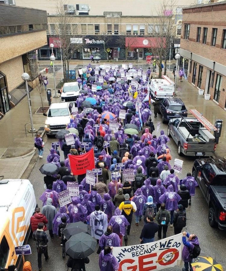 Photograph of members of GEO in purple ponchos marching through the streets of downtown Ann Arbor.