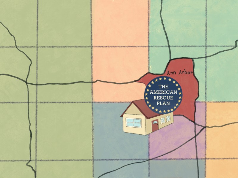 Illustration of Ann Arbor highlighted on a map of Washtenaw County. On top of Ann Arbor is a house and an emblem reading "The American Rescue Plan".