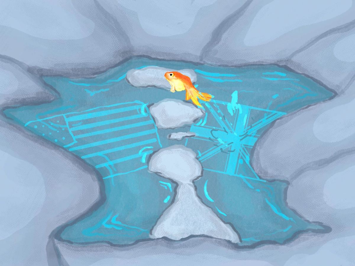 Digital drawing of a fish jumping from one pond to another.