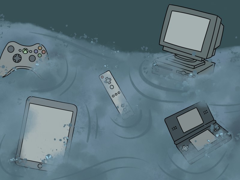 Illustration of an old desktop monitor, a DS, Wii remote, old iPad and XBox controller being carried away in a flood.