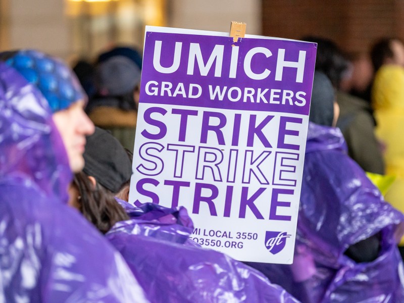 A sign, in purple, is pictured. It reads: “UMICH Grad Workers, STRIKE, STRIKE, STRIKE"