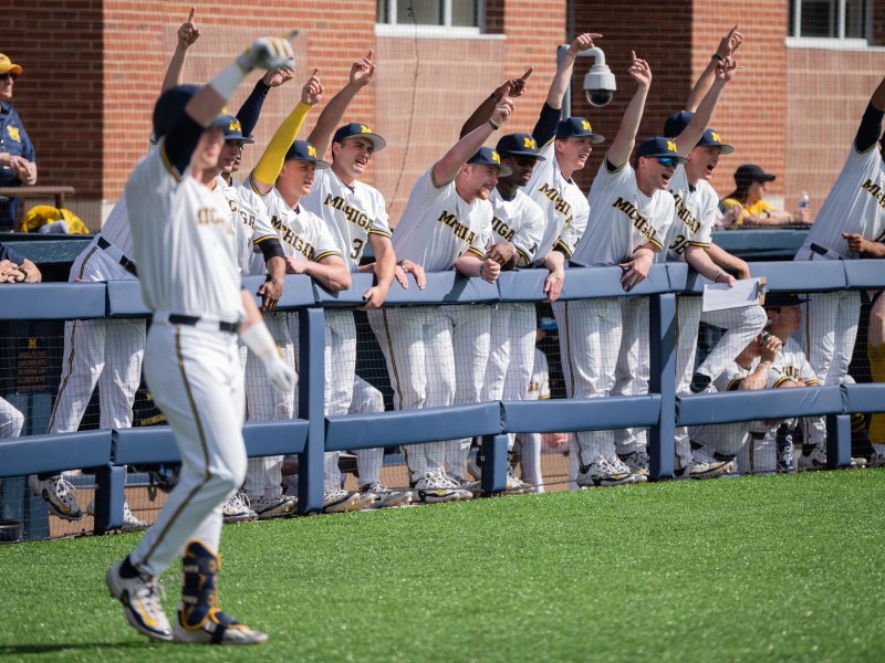 The UMich baseball team hold the fence above their dugout with their arms extended over their heads celebrating.