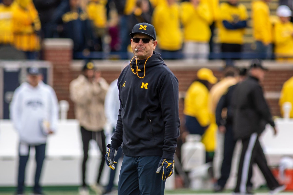 Jim Harbaugh stands on the field with his whistle in his mouth.