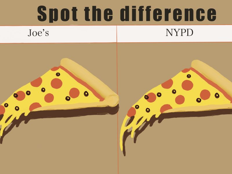 Image of two identical pieces of pizza, one is labeled "Joe's" and the other "NYPD."