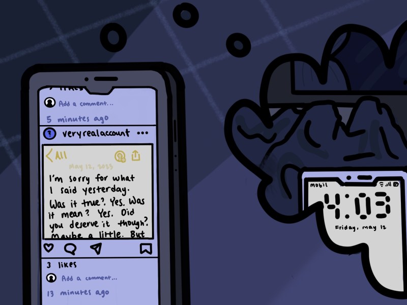 Illustration of a phone displaying a notes apology Instagram post with a thought bubble showing someone on their phone at 4 am.
