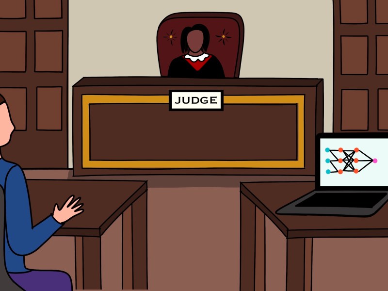 Illustration of a courtroom with a judge, presiding over a computer showing a neural network defendant, and a human plaintiff.