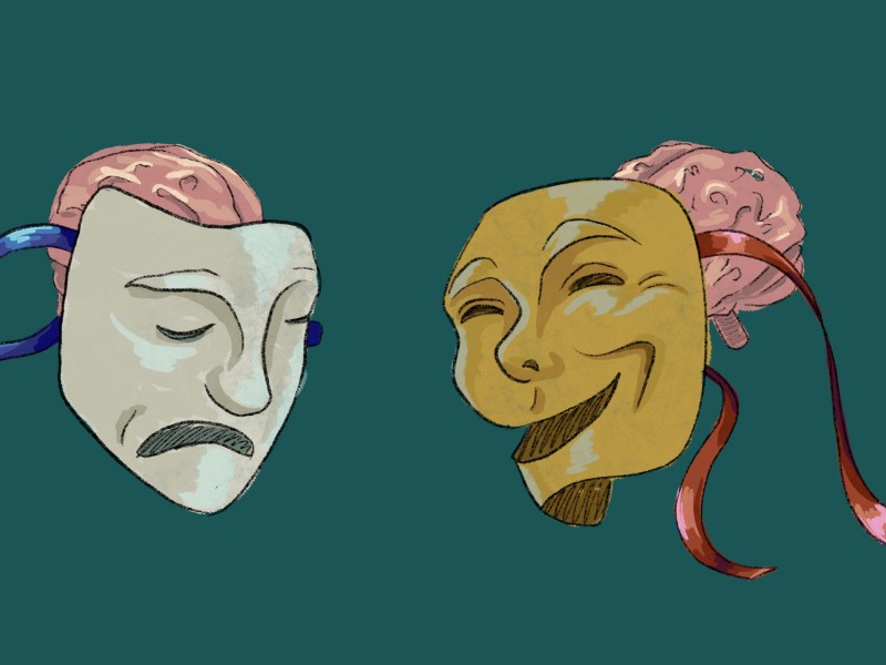 Illustration of two drama masks looking at one another with a brain floating behind each.