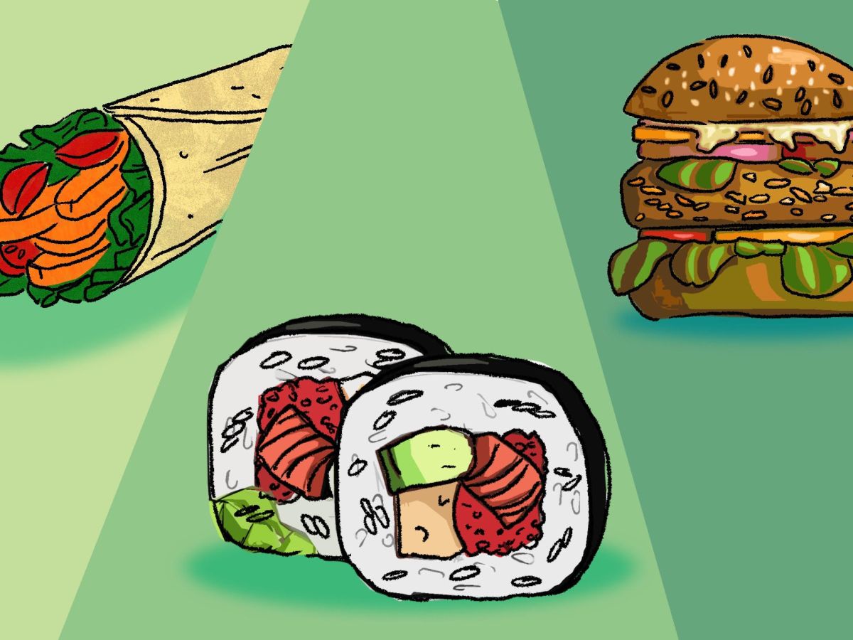 Digital illustration of a veggie wrap, sushi roll, and black bean burger.