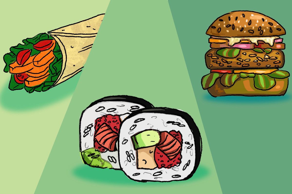 Digital illustration of a veggie wrap, sushi roll, and black bean burger.
