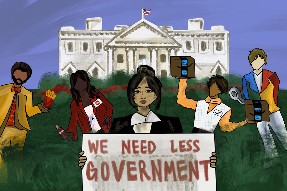 Illustration of a protestor holding a sign that says "We need less government" in front of the White House. Behind the protest are faceless figures representing major corporations egging the protestor on.