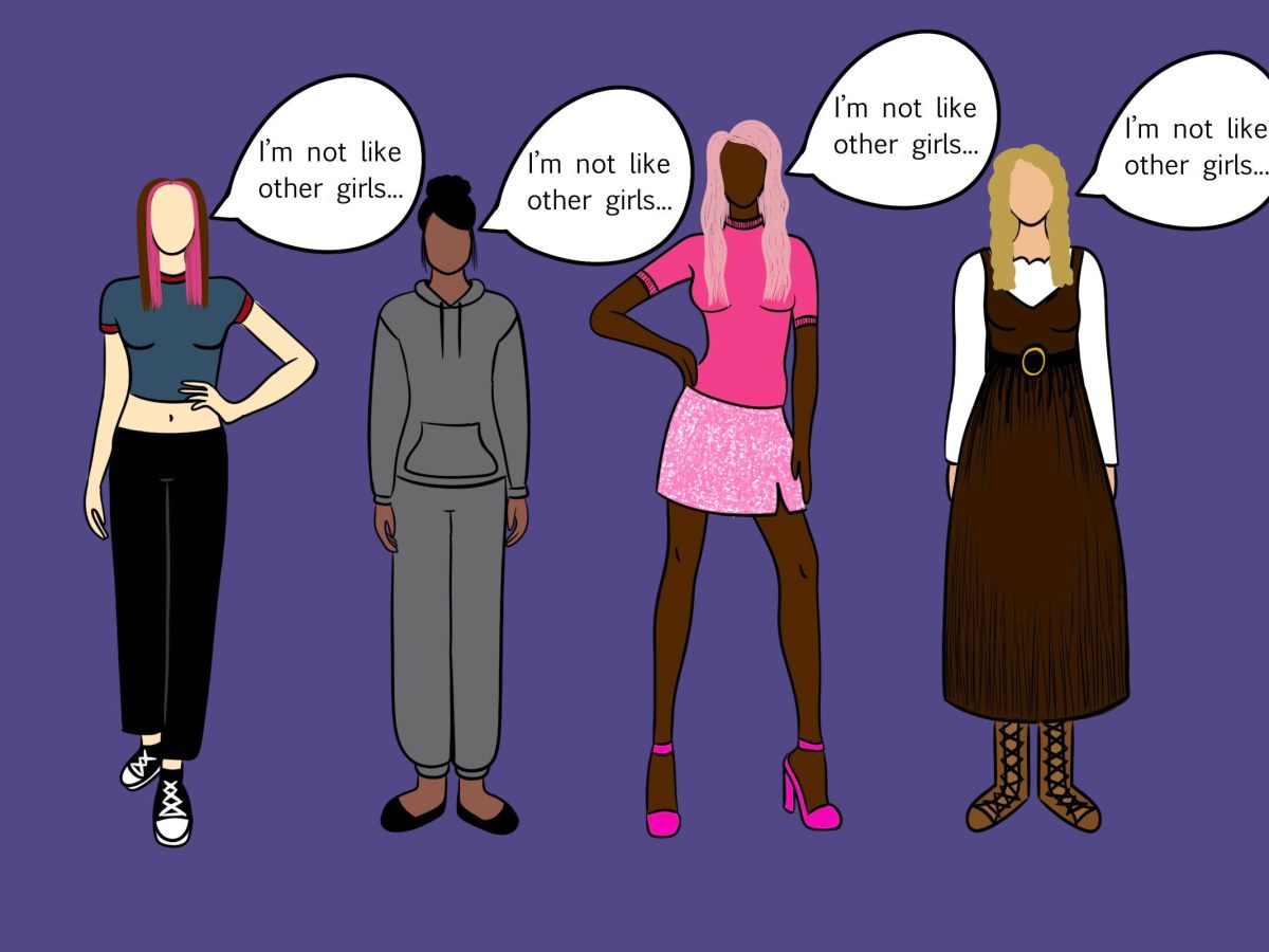 Four women; one dressed in the alt girl aesthetic, one dressed in sweatpants and a hoodie, one dressed in the barbiecore aesthetic, and one dressed in the tradwife aesthetic. All of them are saying “I am not like other girls.”