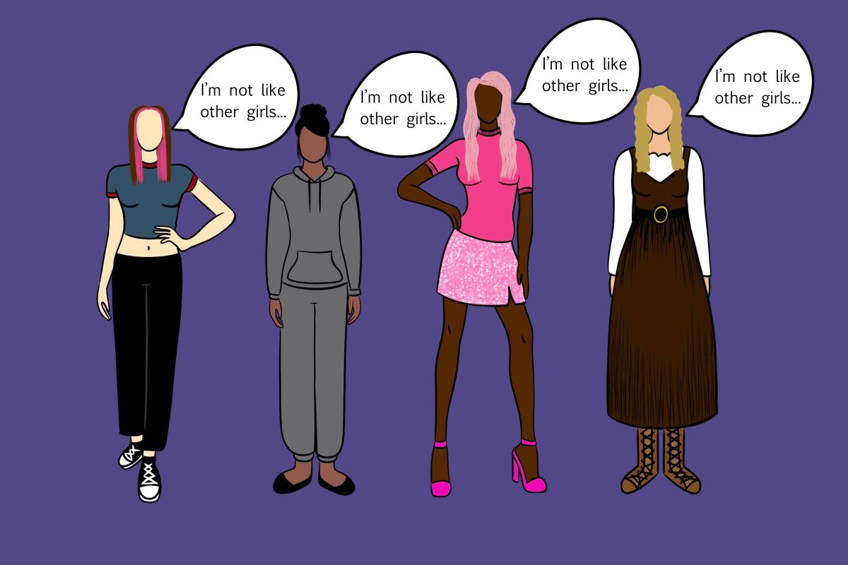 Four women; one dressed in the alt girl aesthetic, one dressed in sweatpants and a hoodie, one dressed in the barbiecore aesthetic, and one dressed in the tradwife aesthetic. All of them are saying “I am not like other girls.”
