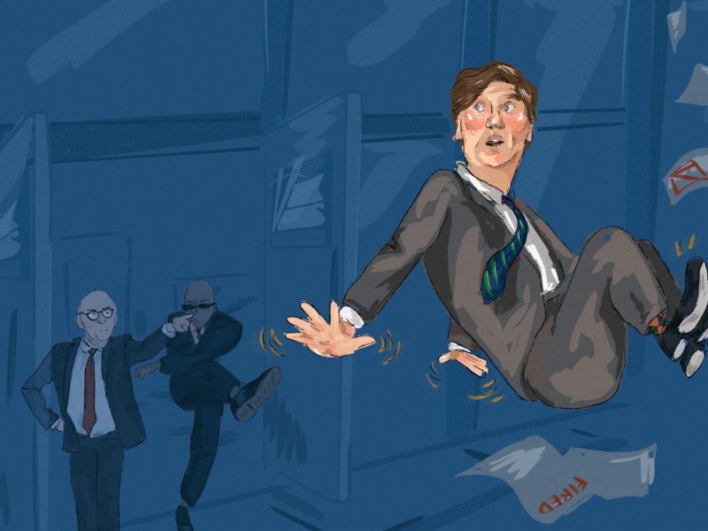 Caricature of Tucker Carlson being “kicked out” of Fox News Headquarters.