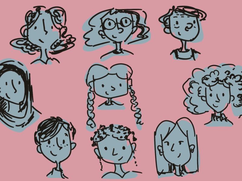 Illustration of nine womens' faces on a pink background.