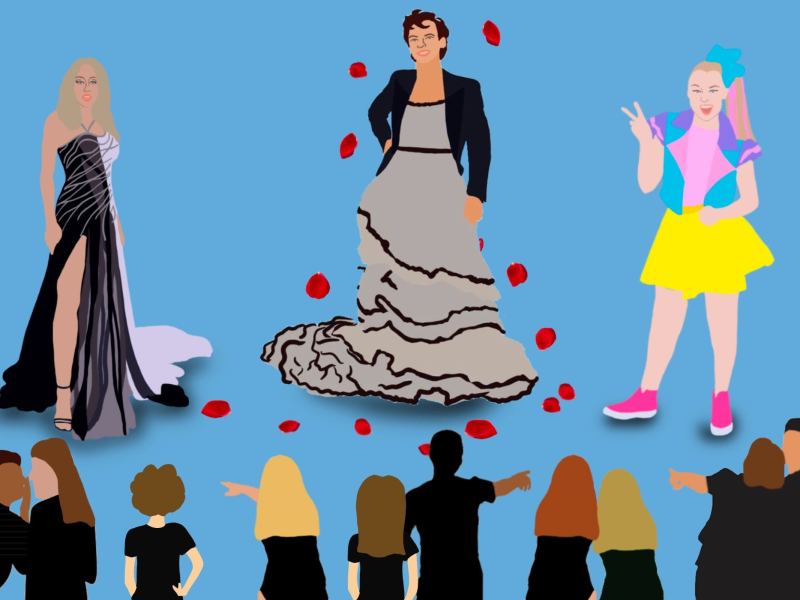 Illustration of three women in different types of dresses, with a crowd surrounding them