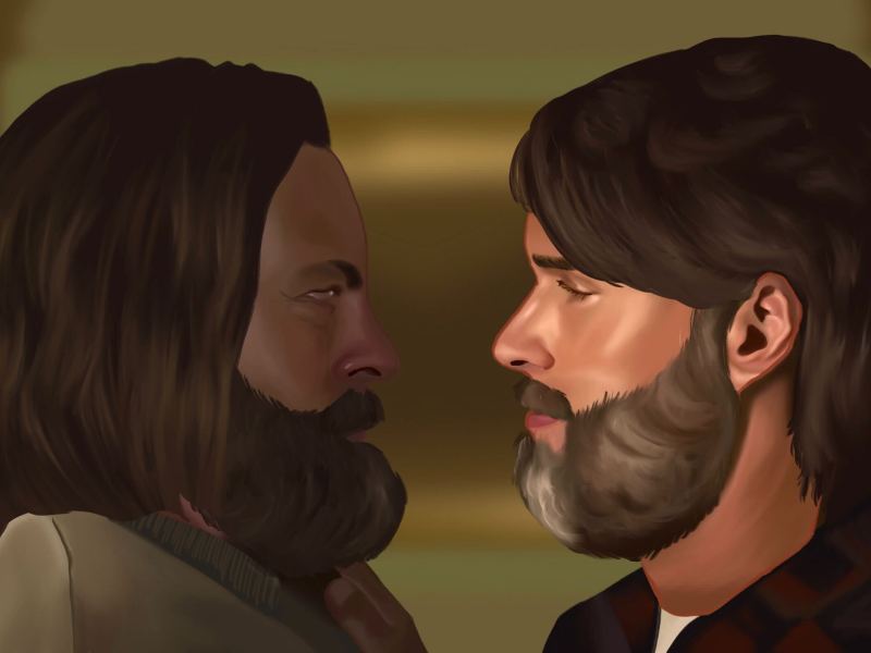 Digital artwork of Bill and Frank from episode 3 of “The Last of Us”. The two are facing each other, Bill on the left and Frank on the right. Bill’s facial expressions give a sense of hesitation.