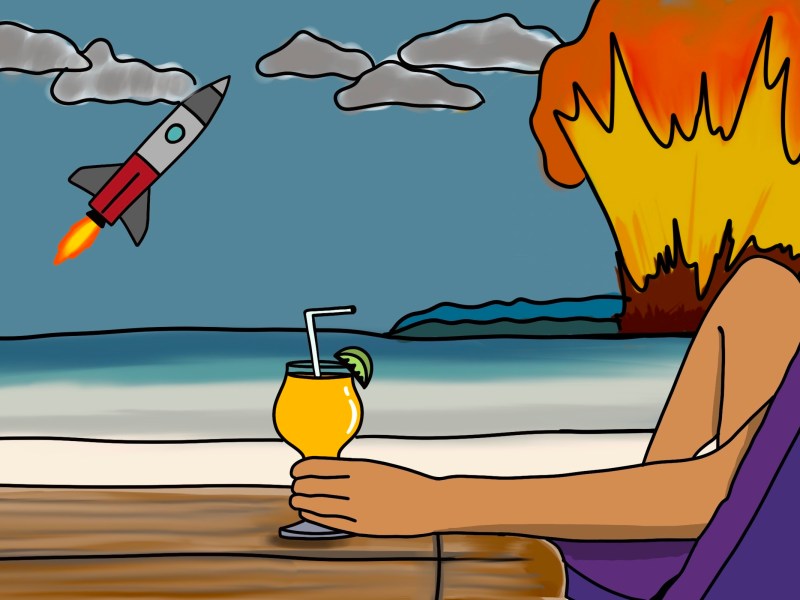 Digital illustration of someone on the beach, holding a drink with a little umbrella in it. A rocket travels through the sky and the earth implodes with fire.