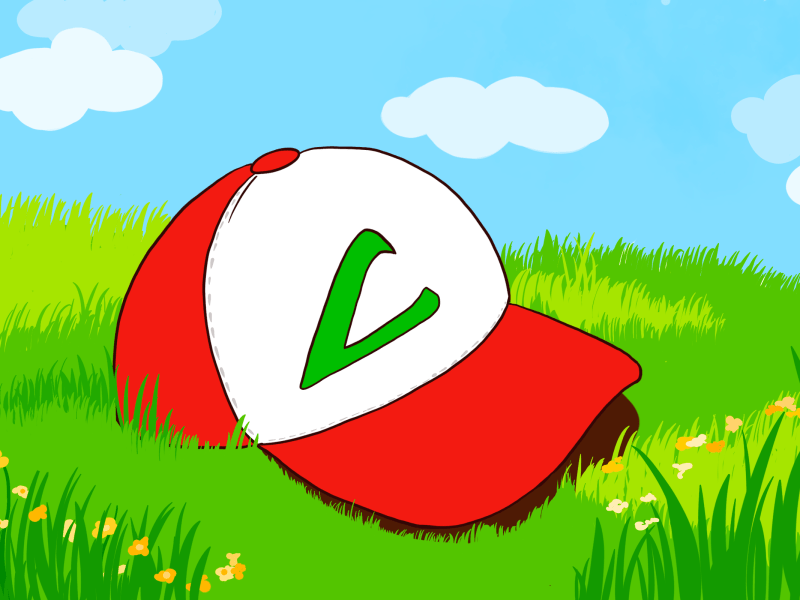 Illustration of Ash Ketchum's hat laying in the grass.