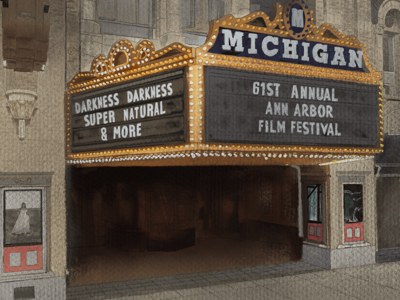 Illustration of The Michigan Theater with "61st Annual Ann Arbor Film Festival" on the marquee