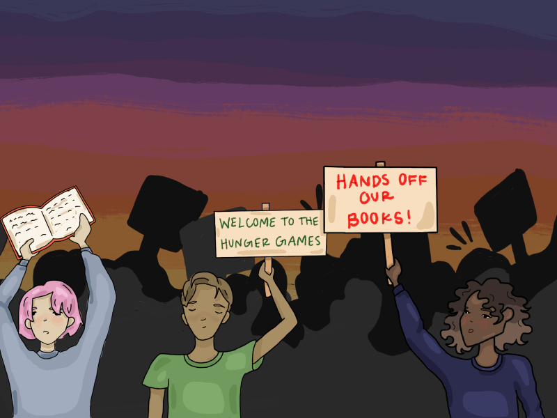 Digital art illustration of a crowd of young adults gathered in protest with signs reading “hands off our books” and “welcome to the Hunger Games.”