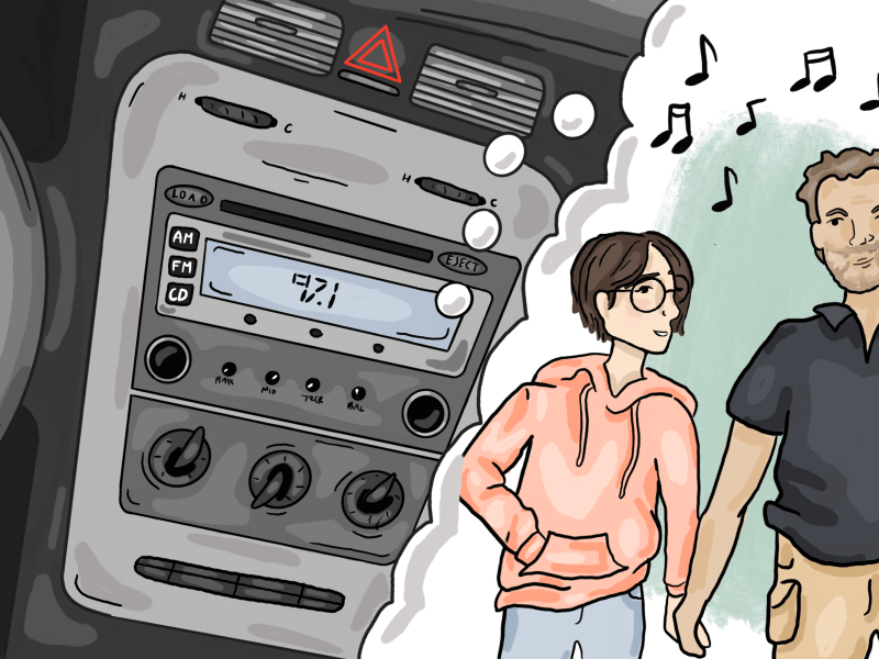Digital art illustration of a car radio with a thought bubble coming out. Inside the thought bubble is an illustration of a father and a child holding hands.