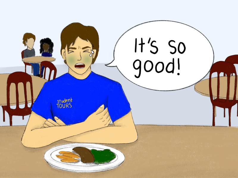 Illustration of a student tour guide eating at the dining hall with a green face and disgusted expression. They have a speech bubble above their head reading "It's so good!"