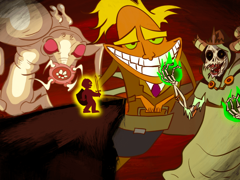 Digital illustration of a young child looking fearful while standing on the edge of a cliff holding a sword and a shield. In front of him is the Shape Shifter from the show “Gravity Falls” on the right, Fred from “Courage the Cowardly Dog” in the middle, and the Lich from “Adventure Time” on the right.