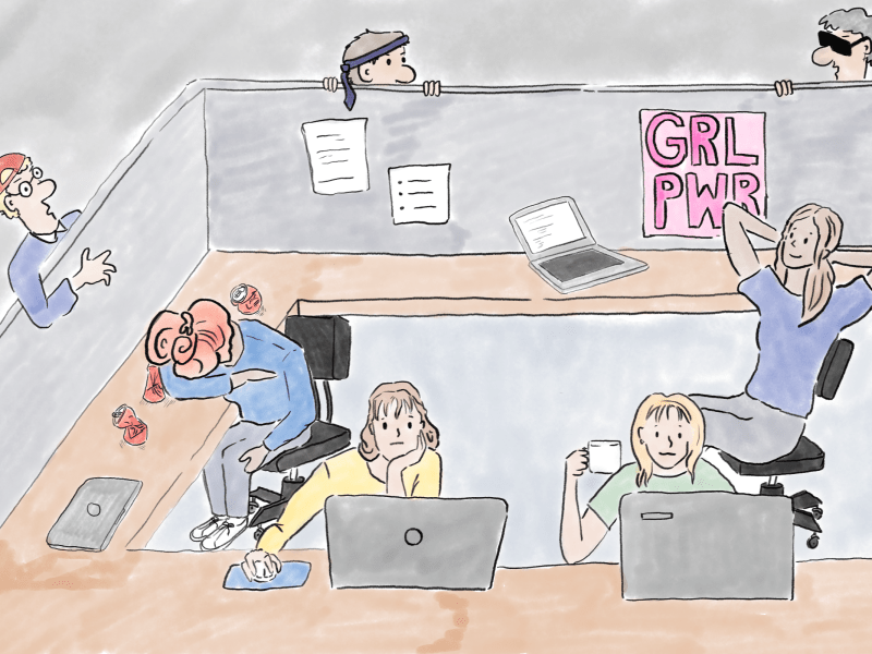 Digital illustration of women coding while their male coworkers lurk behind the cubicle.