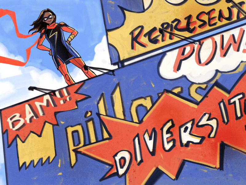 Illustration of Ms Marvel from the Ms Marvel TV series standing on a Pillar Funds billboard with the words "Diversity" and "Representation" on it