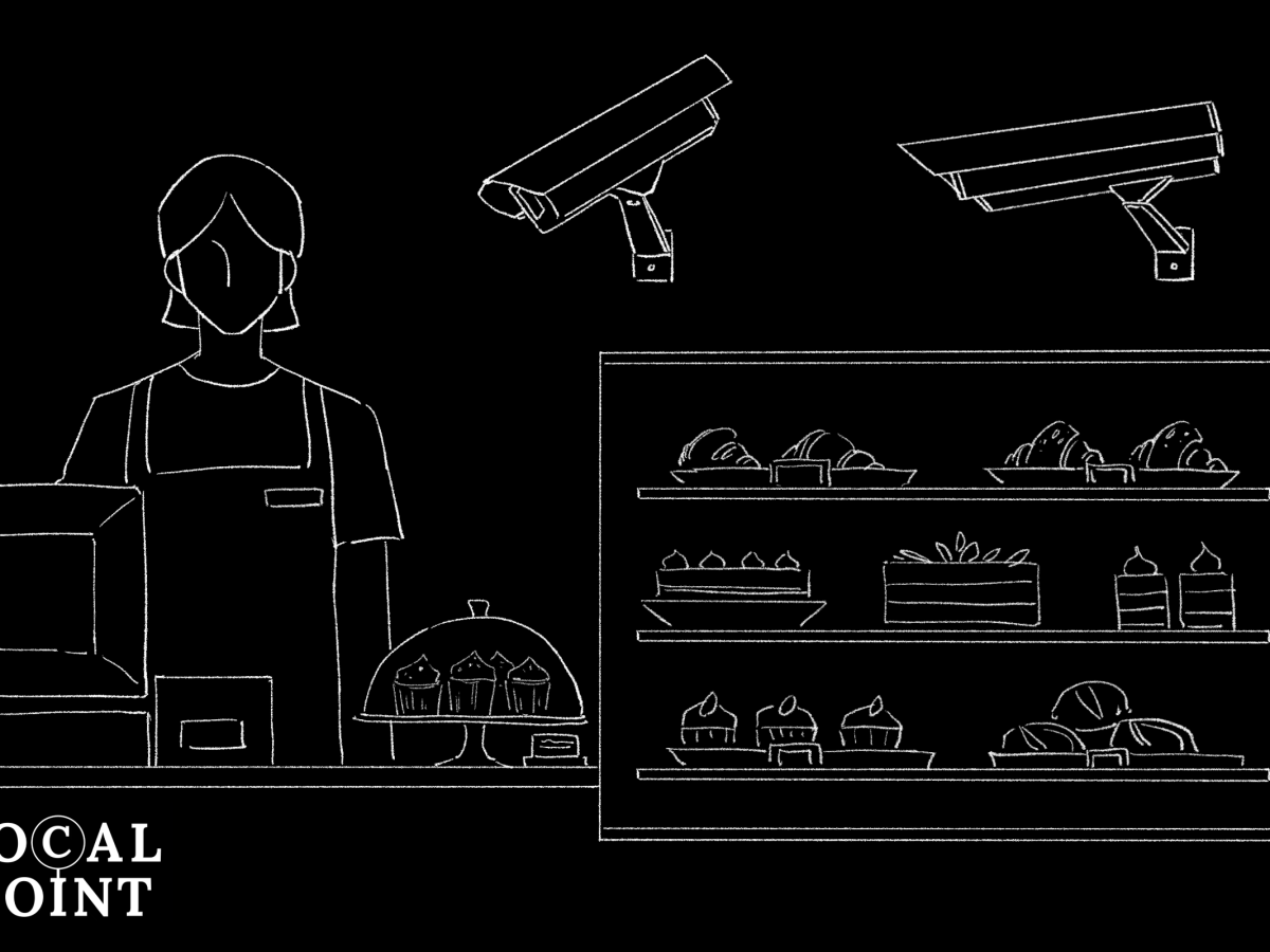 Black and white illustration of a bakery employee at the counter with surveillance cameras pointing at the employee and the Focal Point logo in the bottom left corner