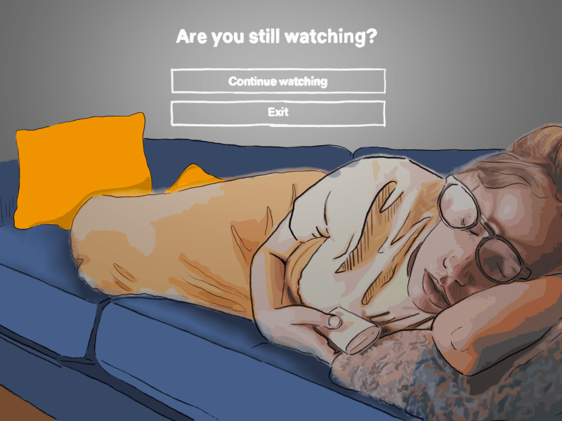 Illustration of someone asleep on a couch with a remote in their hand. Above them is the netflix screen asking "Are you Still Watching" with a "Continue Watching" and "Cancel" button.