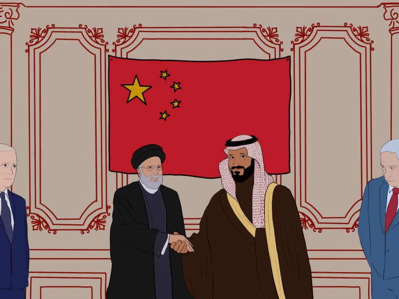 Digital art illustration of President Ebrahim Raisi and Prince Mohammed bin Salman shaking hands under the Chinese flag while Benjamin Netanyahu and Joe Biden peer from the corner looking spiteful and jealous. Drawn in a realistic simple style.