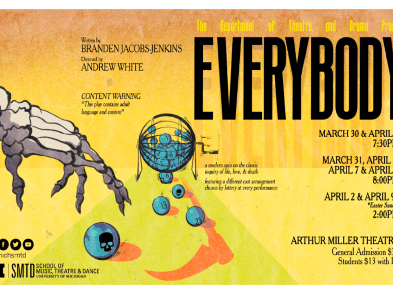 A poster for the play “Everybody” with a top-to-bottom orange-to-yellow gradient, featuring a skeletal hand coming in from the left picking numbered and skull-emblazoned teal lottery balls from a lottery ball mixer. The mixer casts an orange shadow of the reaper's scythe.
