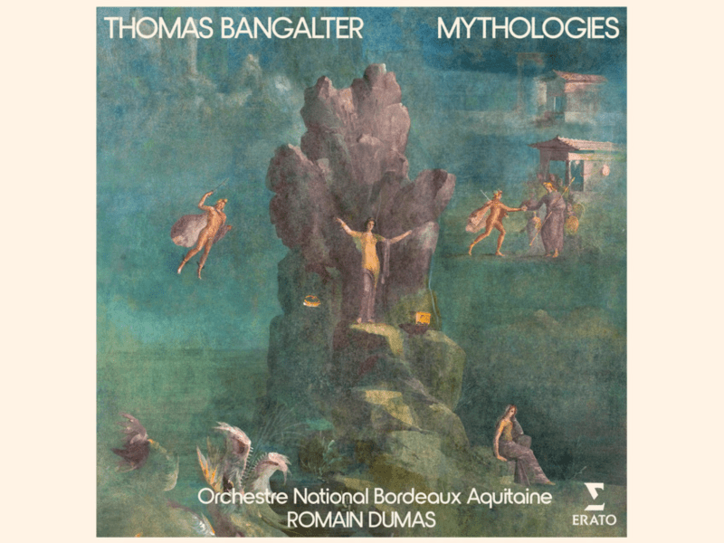 The album cover for Thomas Bangalter's Mythologies: an oil painting featuring various Greek mythologesque figures around a rock face in the ocean.