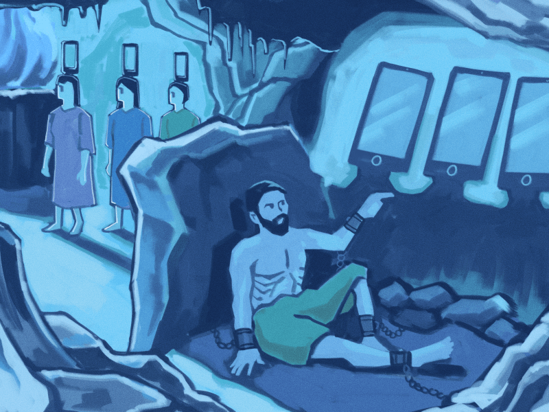 Digital art illustration of a prisoner in Plato's cave watching screens on the wall. Prisoners in the background have screens attached to their heads.