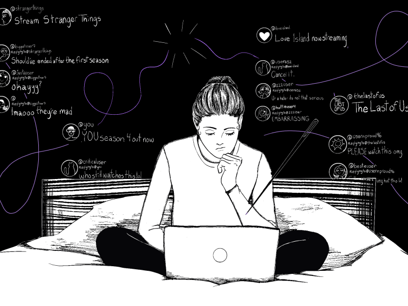 Illustration of a girl sitting on her bed looking at her laptop. Surrounding her are tweets about popular TV shows and a thread and sewing needle.