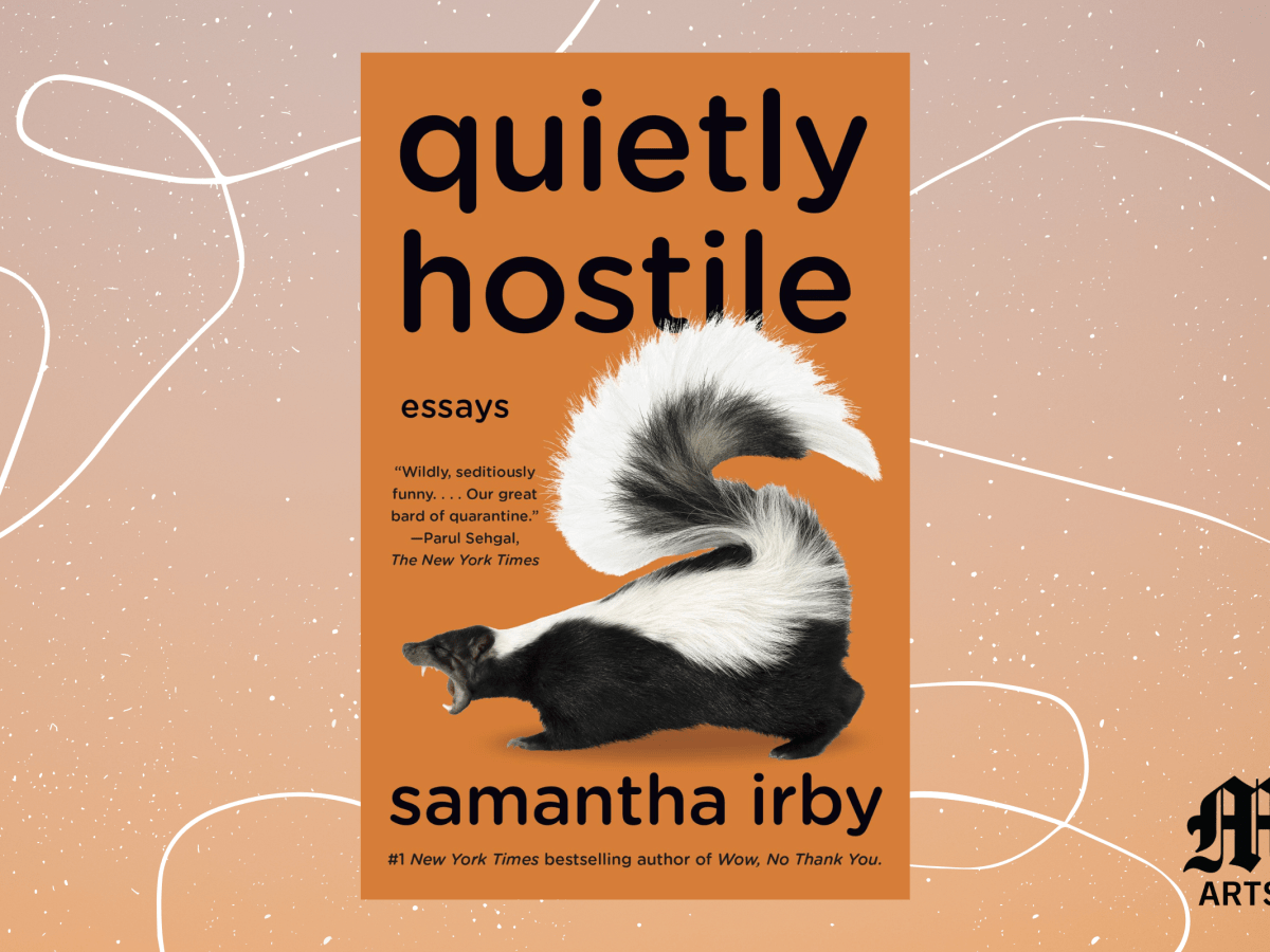The cover of "Quietly Hostile," featuring a skunk on a dark orange background.