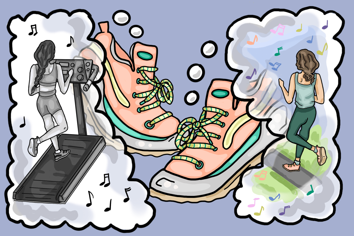 Digital art illustration of a pair of running shoes. A thought bubble coming from the left shoe shows a black and white illustration of a person running on a treadmill, surrounded by music notes. A thought bubble coming from the right shoe shows a colorful illustration of the same person running outside, surrounded by multicolored music notes.