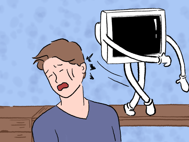 Digital illustration of an early generation desktop computer punching the user.