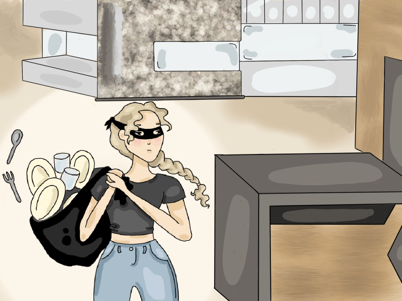 Digital art illustration of a student sneaking out of South Quad dining hall with a sack full of dishes and silverware.