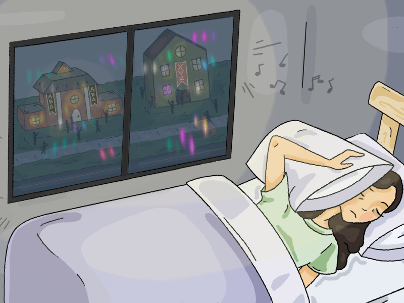 Digital art illustration of a person lying in bed at night with a pillow on top of their head. In the background, a fraternity party can be seen through a window.