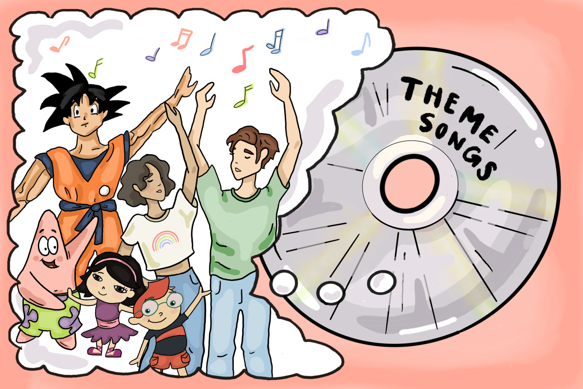 Digital art illustration of a CD labeled “theme songs.” A thought bubble comes out of the CD. Inside the bubble are two people dancing with cartoon characters including the Little Einsteins, Patrick from SpongeBob, and Goku from Dragon Ball Z.