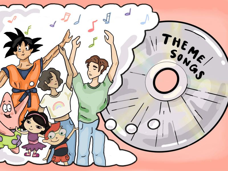 Digital art illustration of a CD labeled “theme songs.” A thought bubble comes out of the CD. Inside the bubble are two people dancing with cartoon characters including the Little Einsteins, Patrick from SpongeBob, and Goku from Dragon Ball Z.