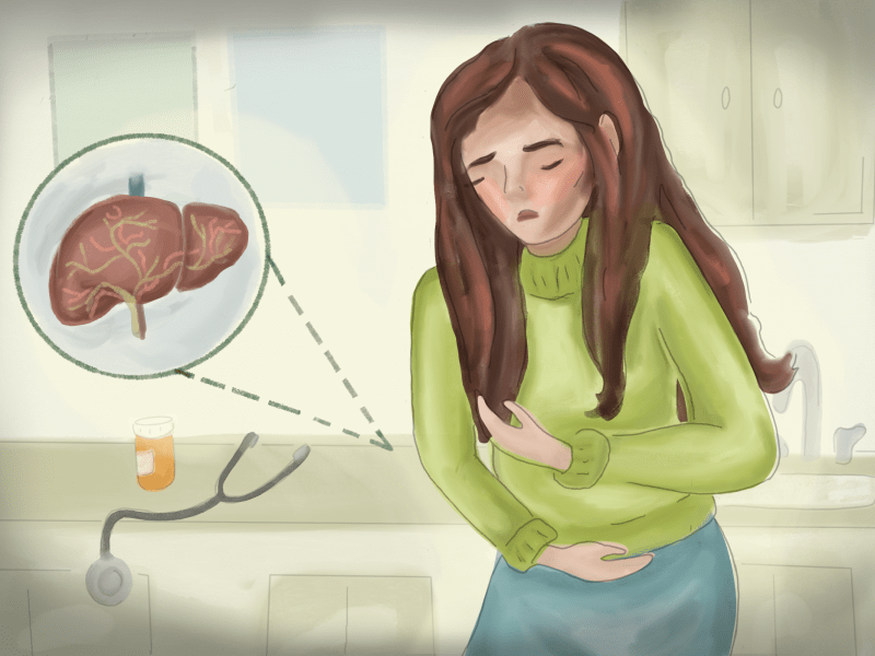 digital art illustration of a person doubled over in pain with a magnifier pointed to their abdomen that depicts the person's liver