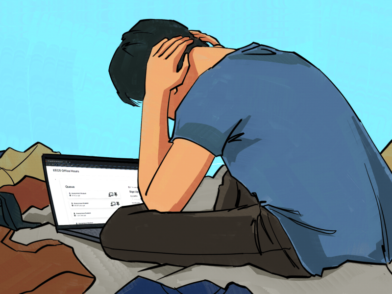 Illustration of a frustrated student surrounded by dirty clothes and is looking at the EECS office hours waitlist on their laptop.