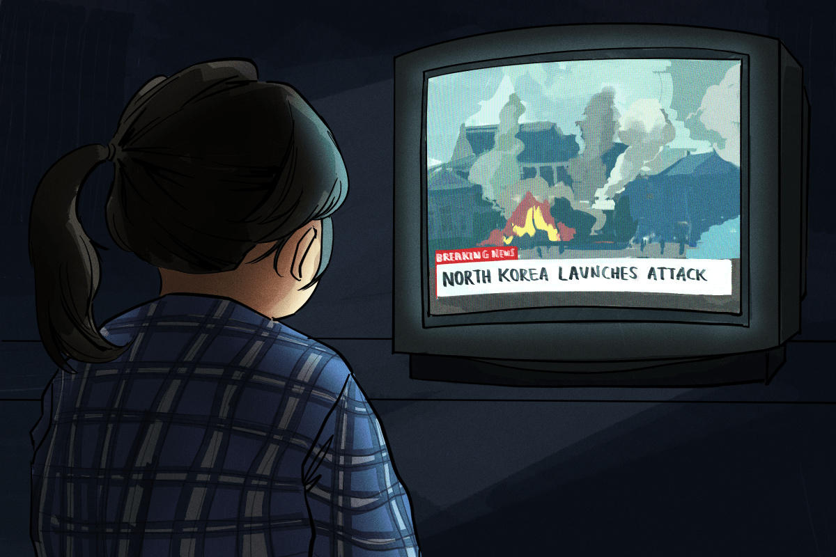 Illustration of a South Korean girl in pajamas watching a news report of a North Korean military attack in a dark room.